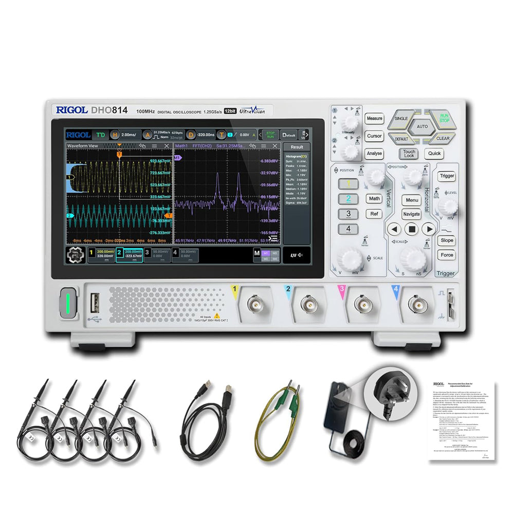 RIGOL DHO814 Portable Digital Oscilloscope, 100MHz Bandwidth, 4 Analogue Channels, 12bit Vertical Resolution, Low Noise Floor, Mobile Power Supply Supportable