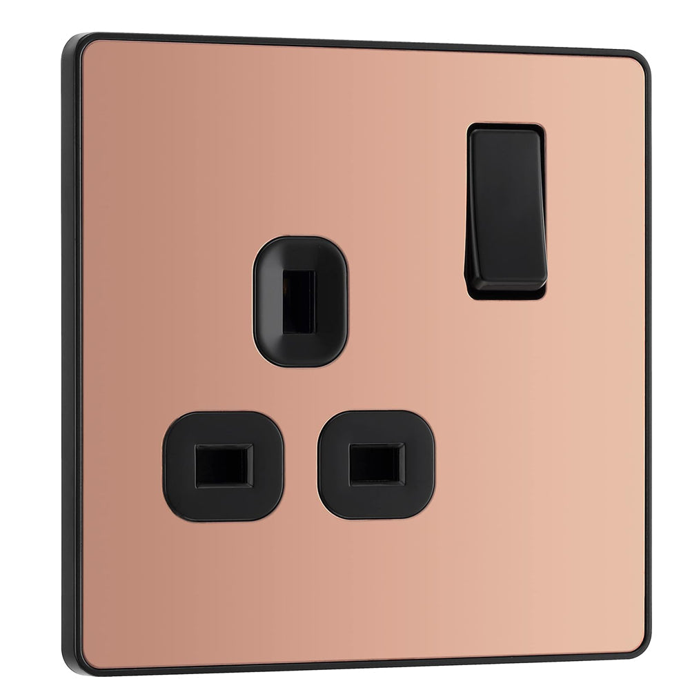 BG Electrical Single Switched Power Plug Wall Socket, Screwless Front Plate, Round Edges, Evolve, Polished Copper, 13A, PCDCP21B