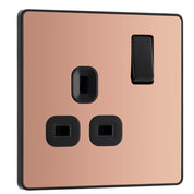 BG Electrical Single Switched Power Plug Wall Socket, Screwless Front Plate, Round Edges, Evolve, Polished Copper, 13A, PCDCP21B