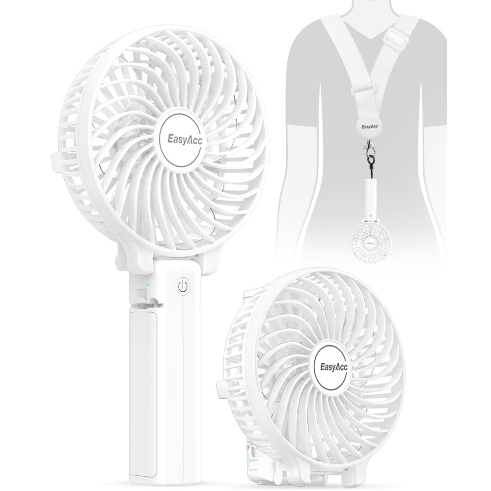 EasyAcc Handheld Fan USB Fans Portable Hand Fan 3 Speeds 180° Foldable with 6 Blades Personal Electric Mini Outdoor Fan with Rechargeable Battery Foldable Handle Desktop for Home Travel Outdoor- White