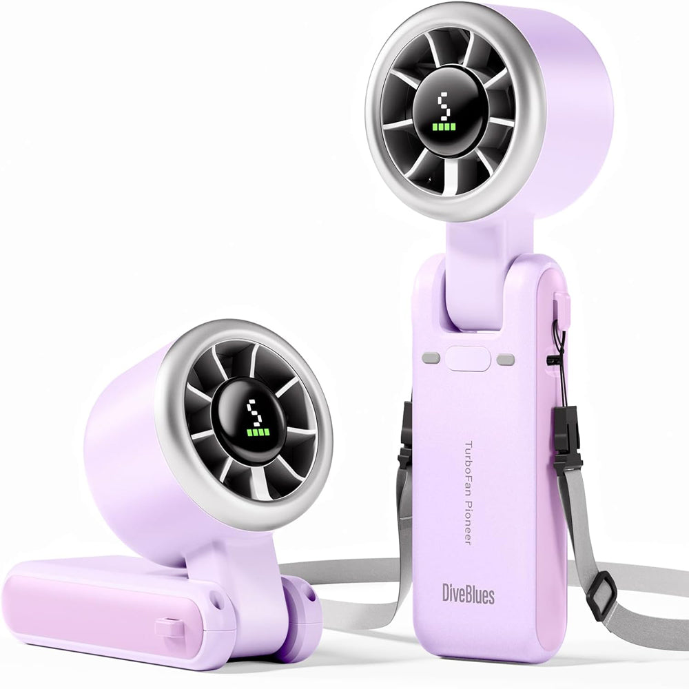 Diveblues Portable Handheld Fan, High-Speed Turbo Portable Fan, LED Display, Up to 12 Hours, 4000mAh Battery, 5 Wind Gear, Rechargeable small Hand Fan for Travel/Commute/Outdoor, Gifts for Women