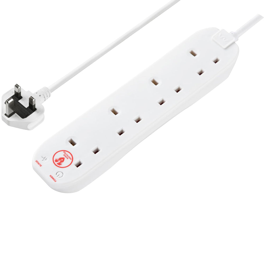 Masterplug Four Socket Extension Lead, 4 Metre Cable, Surge Protection, Power and Surge LED Indicators, Unswitched, 4-Way Plug Extension Cable, Power Strip, White, 13A, 4G, 4m, SRG44N