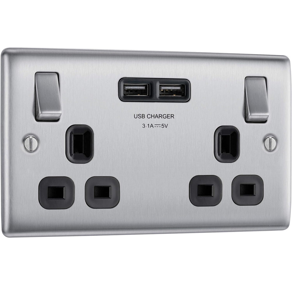 BG Electrical Double Switched Power Socket with 2 USB Ports