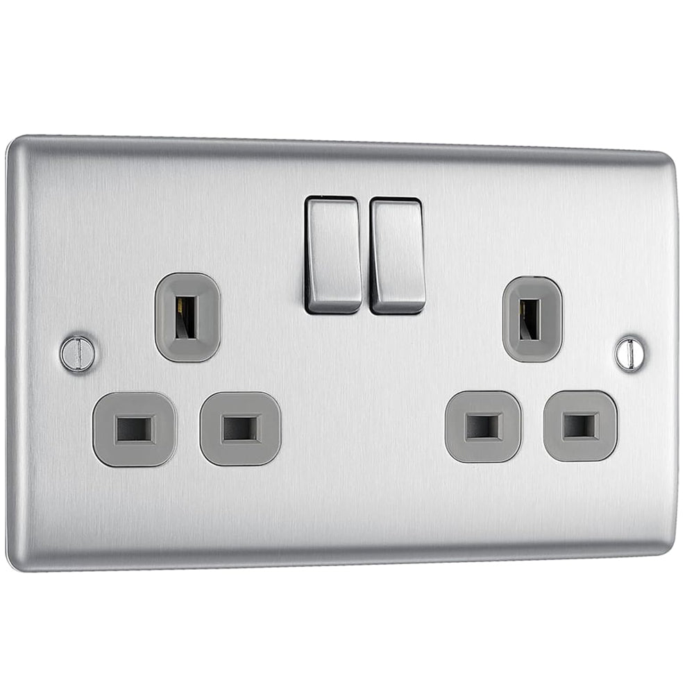 Double Switched Brushed Steel Power Socket 13A