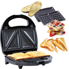 3-in-1 Belgian Waffle Maker & Sandwich Press – Removable Plates, Cool-Touch Handle, Indicator Lights, 750W Multi-Function Grill UK