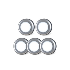 Set of five circular metallic rings on a white background
