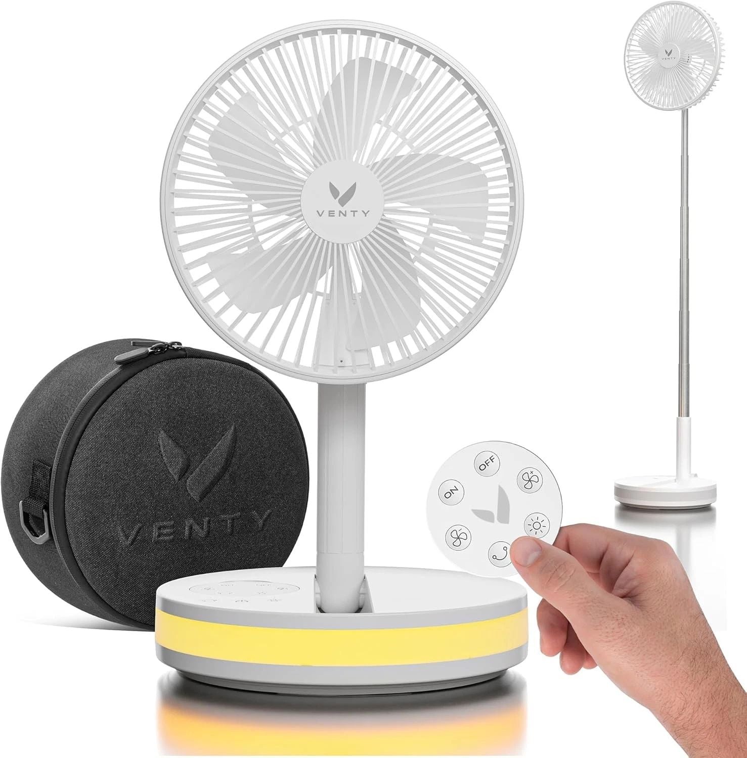 VENTY Portable Fan - Wireless Battery Operated, 48HR Run Time 16000MAH Battery, Oscillating Rechargeable Fans, Remote Control & LED Lighting, Folding Telescopic Camping Fan (White with Case)
