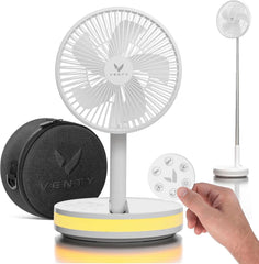 VENTY Portable Fan - Wireless Battery Operated, 48HR Run Time 16000MAH Battery, Oscillating Rechargeable Fans, Remote Control & LED Lighting, Folding Telescopic Camping Fan (White with Case)