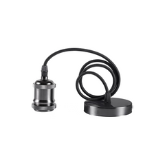 Black metal lamp holder with flexible cable on a white background