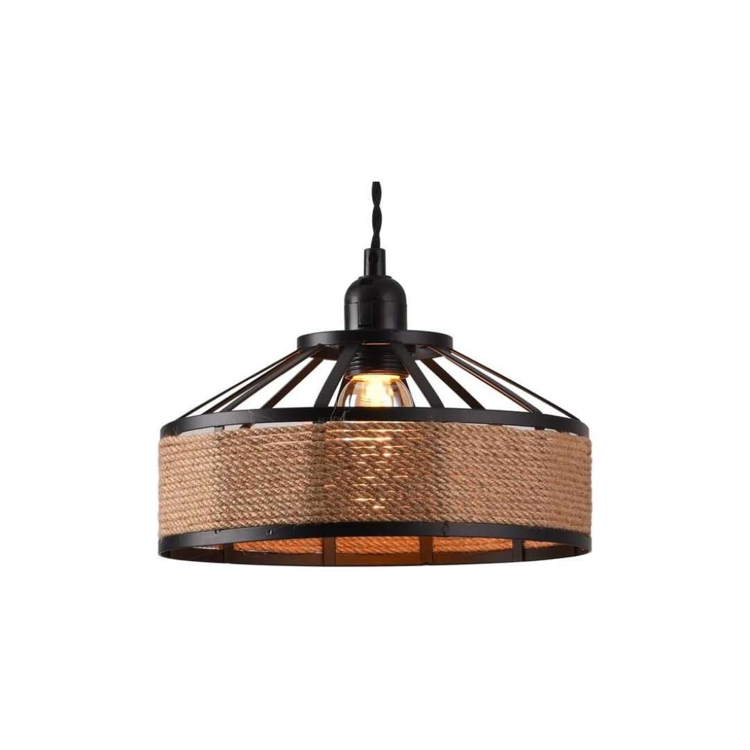 Pendant light with woven design on a white background