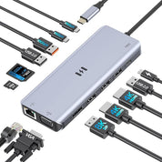 Upgrade your setup with a 13-in-1 USB C Docking Station Dual Monitor. Features triple display (2x 4K HDMI, DP, VGA), 100W PD, 10Gbps USB, Ethernet & SD/TF.