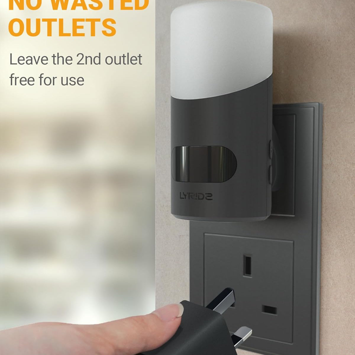 Wall-mounted electrical outlet with a device attached, showing 'No Wasted Outlets' text.