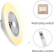 Wall-mounted fan with remote control and wall lamp switch on a white background
