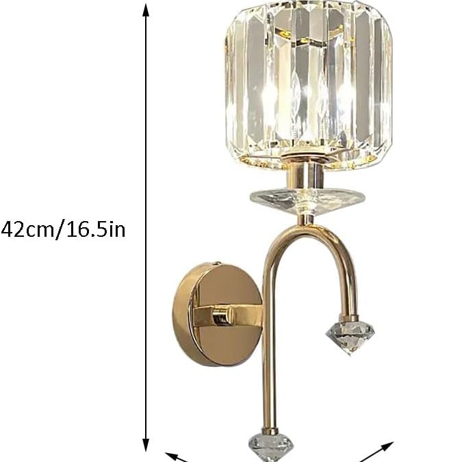 Wall-mounted lamp with crystal design and gold finish, showing product size and dimensions.