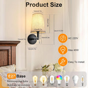Wall-mounted lamp with dimensions and compatibility information displayed.