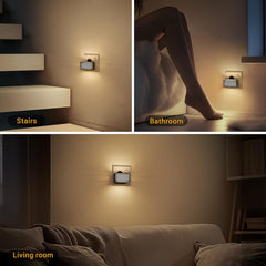 Wall-mounted light fixture in various settings: stairs, bathroom, and living room.