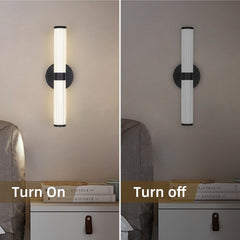 Wall-mounted light fixture showing 'Turn On' and 'Turn Off' states in a room setting.