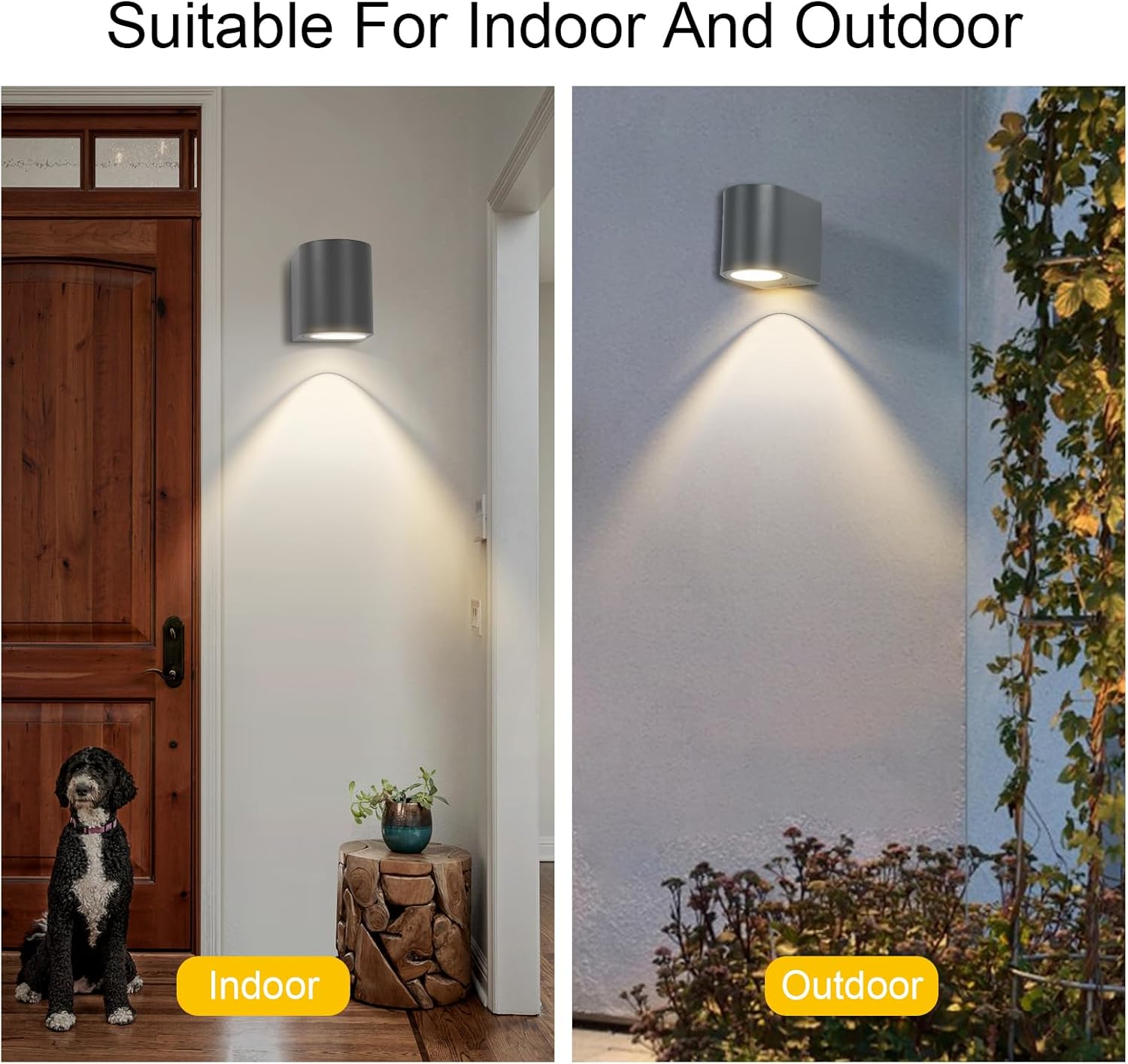 Wall-mounted light fixture shown in indoor and outdoor settings with text 'Suitable For Indoor And Outdoor'.