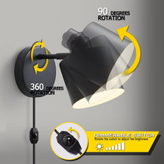 Wall-mounted light fixture with 360-degree and 90-degree rotation features on a gray background.