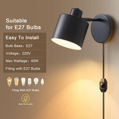 Wall-mounted light fixture with E27 bulb compatibility information on a brown background