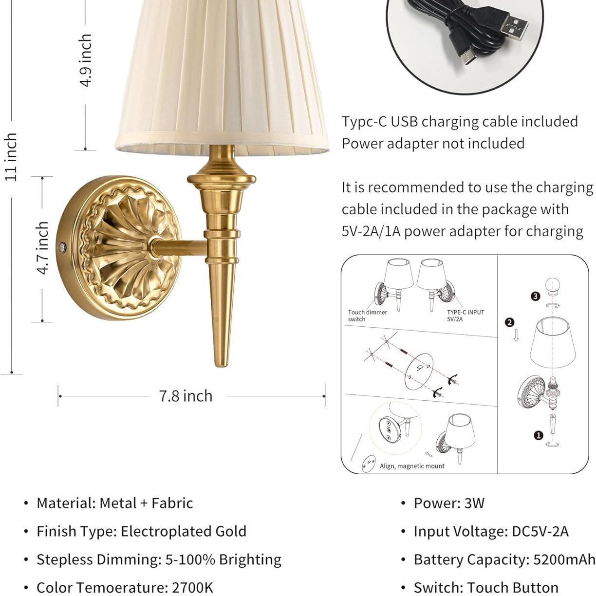 Wall-mounted light fixture with USB charging cable and dimensions on a white background