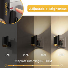 Wall-mounted light fixture with adjustable brightness control, showing stepless dimming from 0% to 100%.