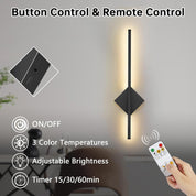 Wall-mounted light fixture with button control and remote control features, including on/off, color temperature, brightness, and timer functions.