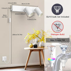 Wall-mounted light fixture with dimensions, a small table with decor, and GU10 bulb information.