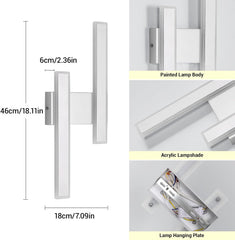 Wall-mounted light fixture with dimensions and components highlighted
