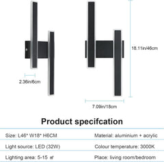 Wall-mounted light fixture with dimensions and specifications on a white background
