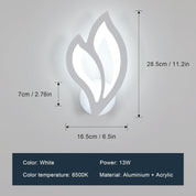 Wall-mounted light fixture with leaf design and dimensions on a gray background