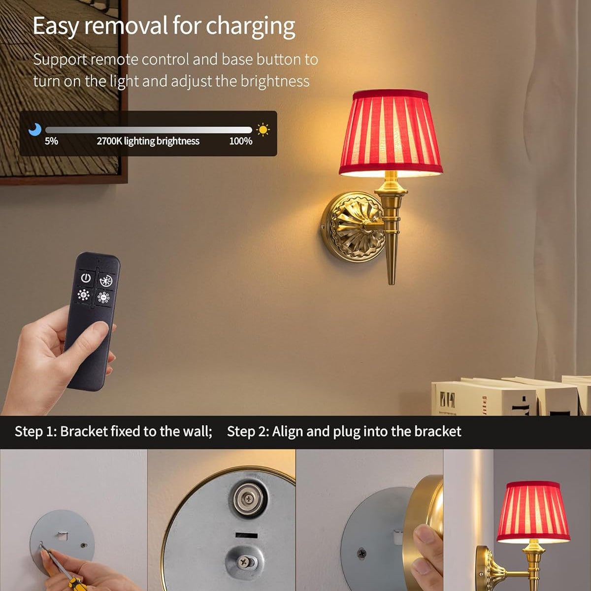 Wall-mounted light fixture with remote control and brightness adjustment, installation steps shown.