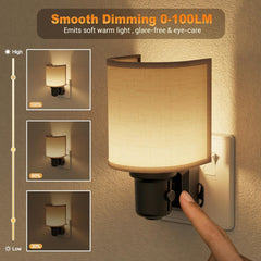 Wall-mounted night light with dimming control, emitting soft warm light.