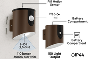 Wall-mounted outdoor light fixture with PIR motion sensor and battery compartment labeled.