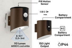 Wall-mounted outdoor light fixture with PIR motion sensor and battery compartment labeled.