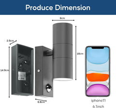 Wall-mounted outdoor light fixture with dimensions shown next to an iPhone 11