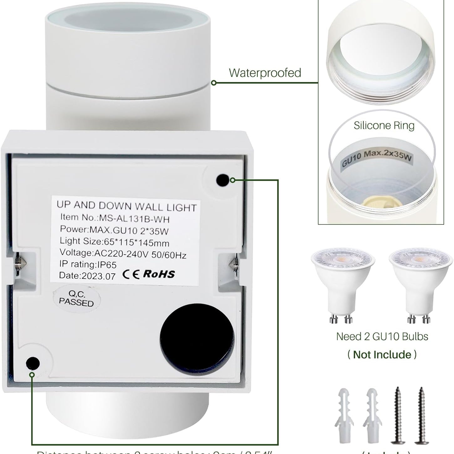 Wall light fixture with technical details and components on a white background