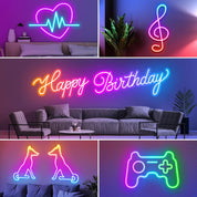 Collage of various neon signs including a heart, music note, 'Happy Birthday', dog figures, and game controller.