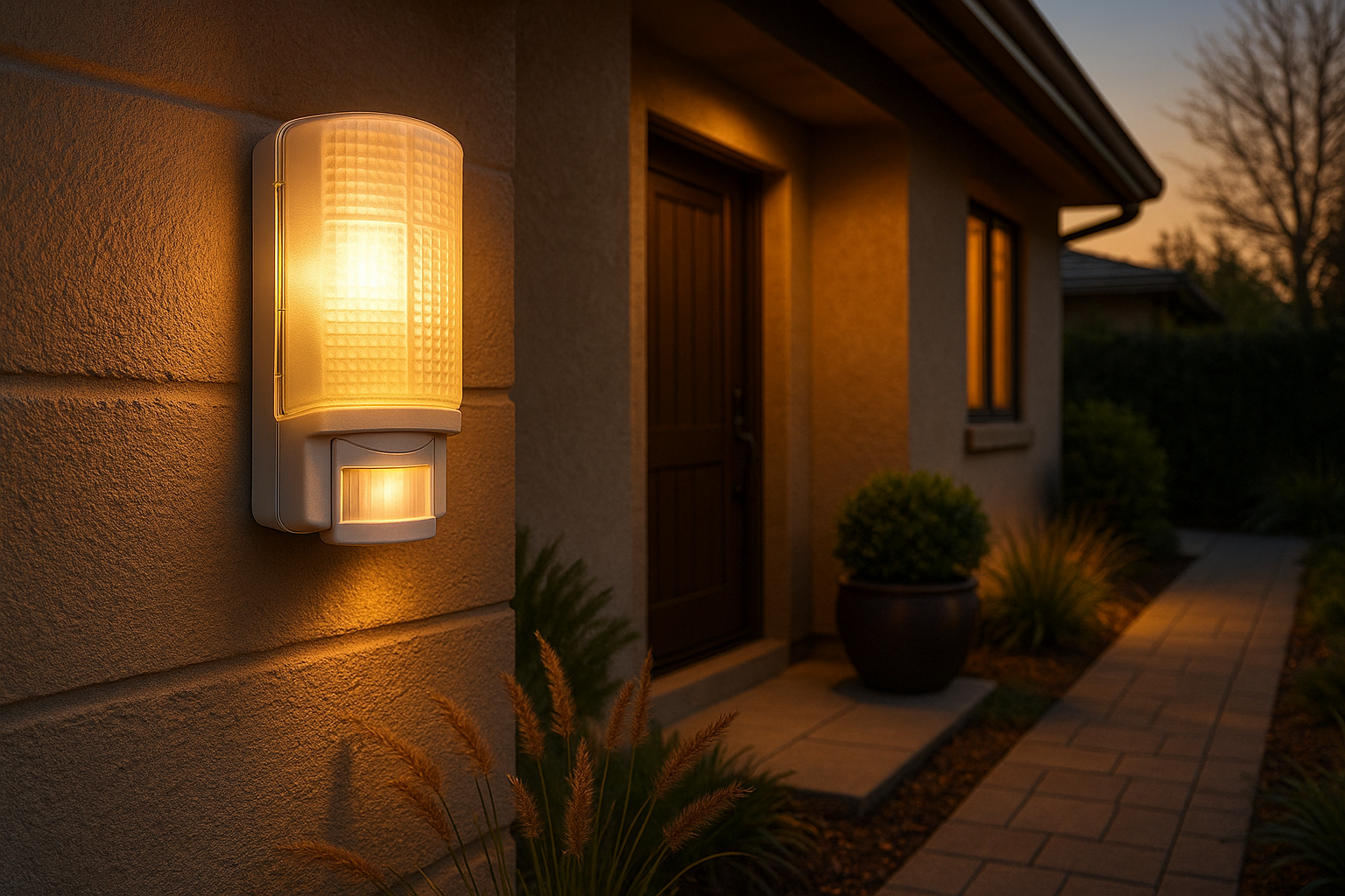 White PIR motion sensor wall light front view

