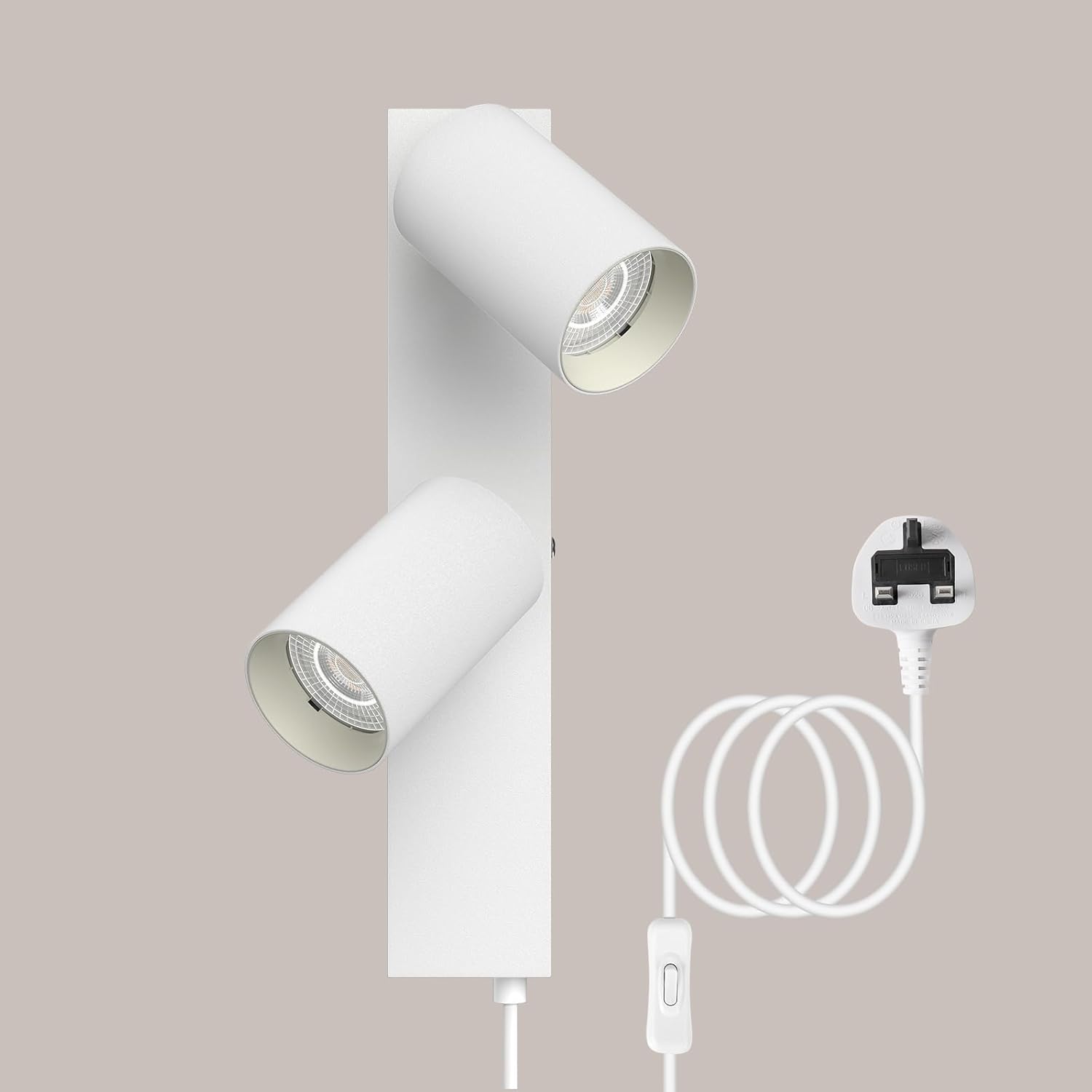 White ceiling light fixture with plug and socket on a beige background