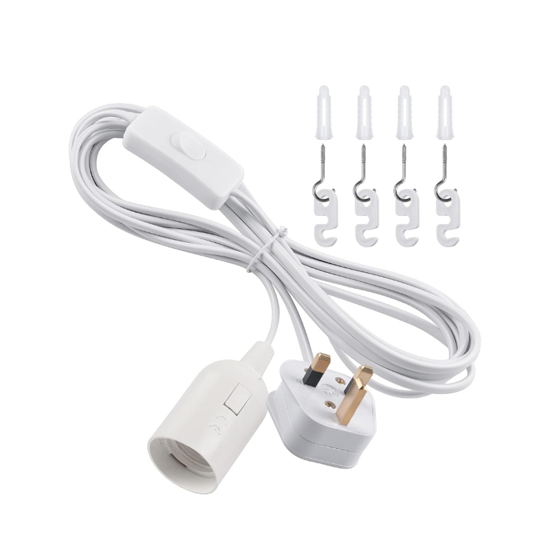 White electrical cable with plug and hooks on a white background