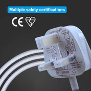 White electrical plug with certification logos on a dark background