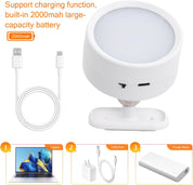White lamp with USB cable and power bank, featuring text about charging function and battery capacity.