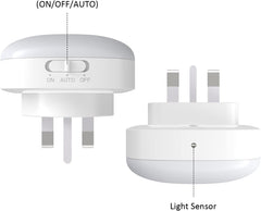 White light sensor and plug adapter with labeled ON/OFF/AUTO switch on a white background.