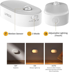 White motion sensor light with adjustable lighting and mode options on a white background.