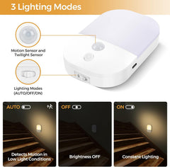 White motion sensor light with three lighting modes on a beige background