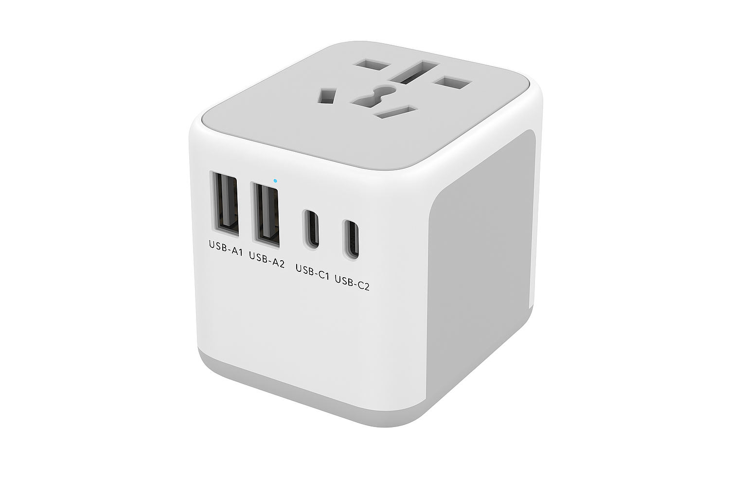 White multi-port USB charging hub on a white background