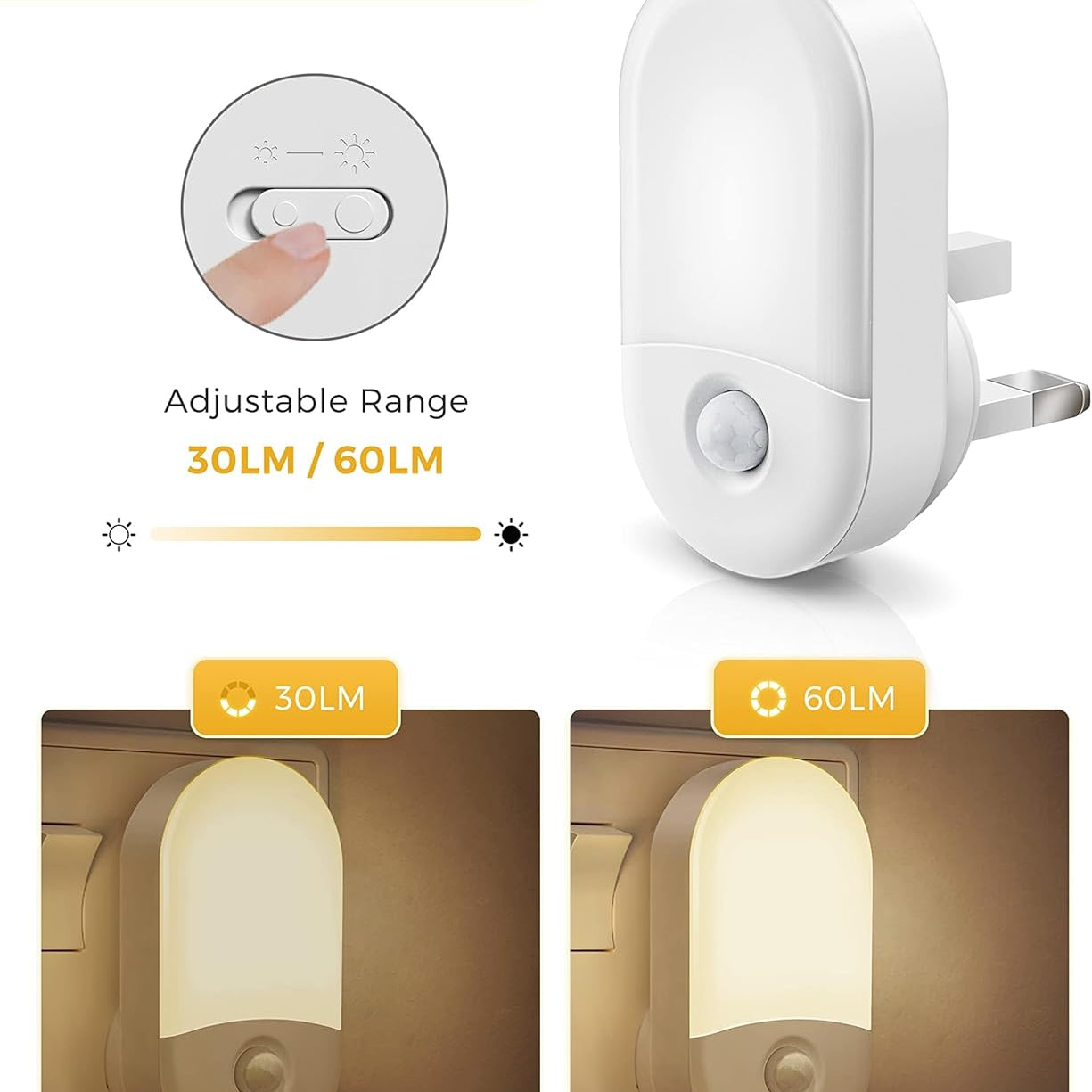 White night light with adjustable brightness modes on a white background