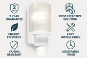 White outdoor light fixture with features listed on a white background