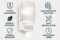 White outdoor light fixture with features listed on a white background